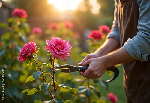 Morning Gardener Pruning Roses in Backyard Rustic Excellence Floral Duties Backlight Green Hues Tangible Beauty