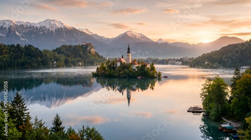Alpine Serenity: The Picturesque Island Church of Lake Bled Mirrored Perfectly in Calm Waters Beneath Snow-Capped Julian Alps at Golden Sunrise