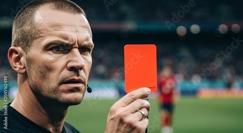 Serious Professional Soccer Referee Holding a Red Warning Card during an Important Football Match