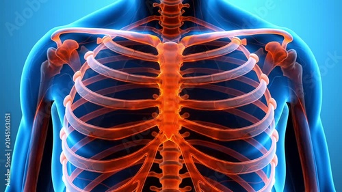 Anatomical 3D illustration of human chest showing skeletal rib cage and clavicle