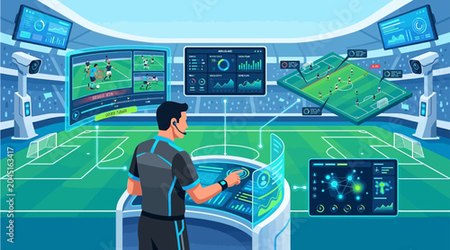 Foto Sports analyst monitoring soccer match performance using advanced digital hud in