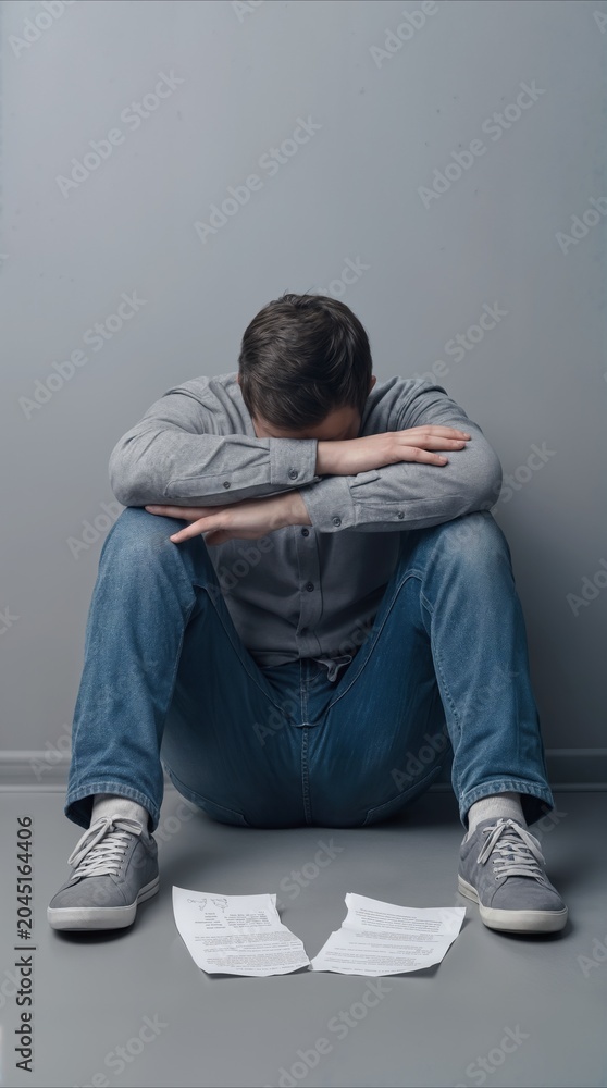 Obraz premium Desperate man sitting on floor with torn document. Financial failure or legal problems concept.