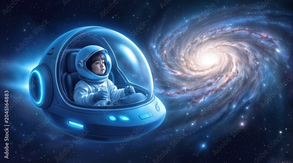 Obraz premium Toddler astronaut piloting small spaceship near glowing spiral galaxy. Child explorer in futuristic space suit traveling through deep cosmos.