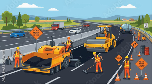 2D Flat Vector Ilustration Road construction workers repaving highway with heavy machinery and safety signs