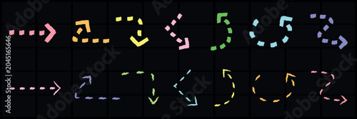 Foto Colorful dashed arrows vector on a black grid background.
