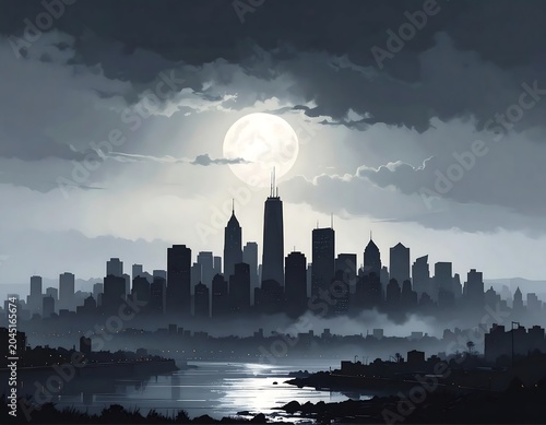 Dramatic Urban Skyline Silhouetted Beneath Full Moon in Cloudy Night Sky