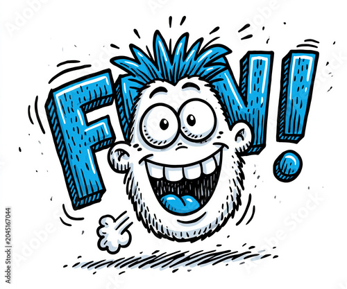 Pop art comic book style word FUN with an excited cartoon character face on a clean white background created with Generative AI Technology, ai, generative