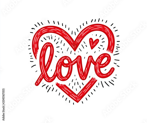 Romantic hand-drawn lettering of the word love enclosed in a red textured heart graphic element on a white background created with Generative AI Technology, ai, generative