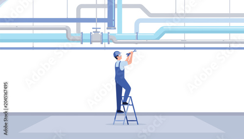 A male technician wearing blue coveralls stands on a tall metal stepladder to reach and adjust elevated blue utility pipes within a large commercial industrial workspace.