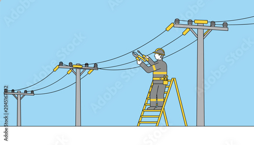 A technician wearing a hard hat and utility belt works on high-voltage electrical distribution wires while balanced on a yellow stepladder under clear blue skies.