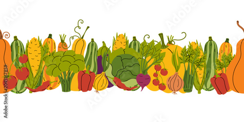 Seamless border with vegetables. Repeating pattern frame. Vector illustration for recipe card, farmers market, organic food pack