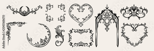 Schilderij op canvas Hand drawn gothic vintage frame set with ornate borders, decorative corners, heart frames and gothic arch
