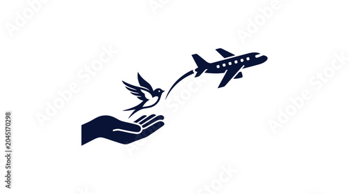 Hand releasing bird that transforms into airplane concept icon
