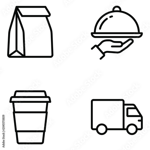 Food delivery and dining service outline icon set including paper bag platter coffee and truck with delivery, restaurant