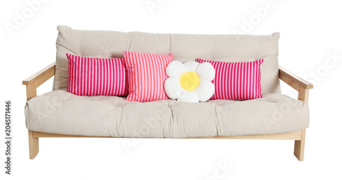 Quadro em tela Comfortable sofa with cushions isolated on white