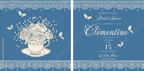 Canvastavla Elegant bridal shower invitation set featuring a vintage teacup filled with blooming roses for bridal showers, weddings, garden parties, afternoon tea events, and romantic celebrations