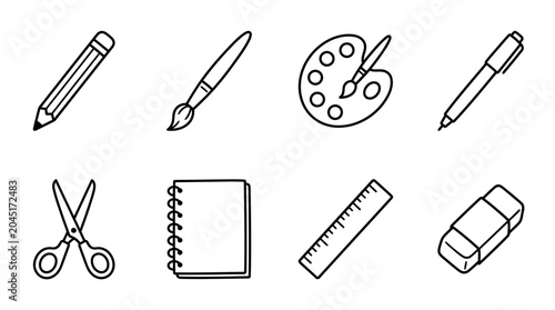 Set of line art icons representing various art and school supplies including drawing tools, writing instruments, and stationery for creative projects and education