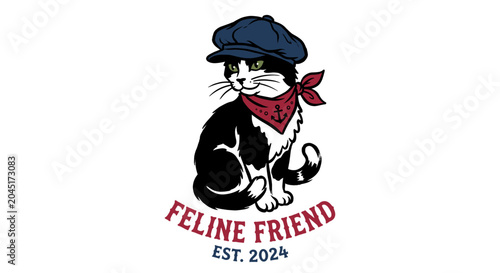 Obraz na płótnie Vintage nautical tuxedo cat illustration wearing a blue newsboy cap and a red anchor bandana with Feline Friend Est