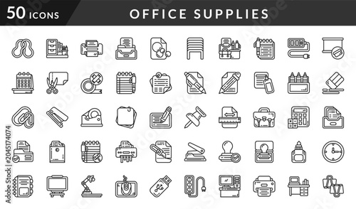 Cuadro en lienzo Set of 50 outline icons related to Office Supplies