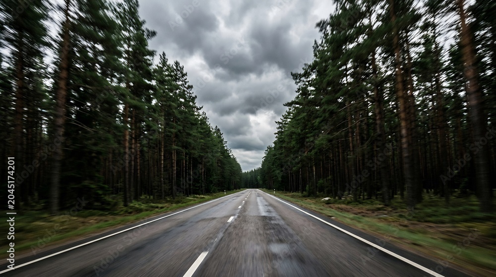 Obraz premium Empty asphalt road cutting through a dense pine forest under a dramatic cloudy sky, motion blur showcasing speed on a moody summer road trip.