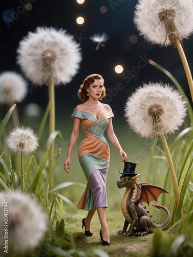 A vintage-style woman in a multicolored dress stands with a tiny top-hatted dragon amid giant fluffy dandelions in a magical glowing field