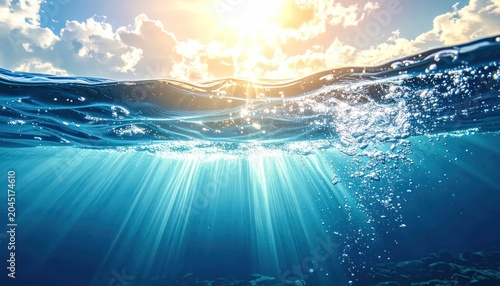 Split view shimmering water surface, sunlit sky, deep blue ocean depths