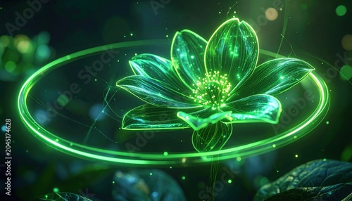 Digital glowing flower with green outline and light effects amidst dark green foliage