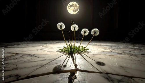 Dandelions sprout from cracked tile under a full moon in stark, dramatic lighting