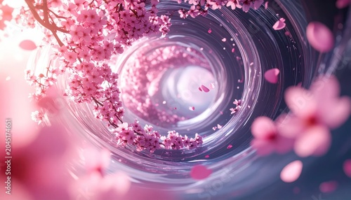 A surreal digital art piece showcasing a spiral tunnel adorned with cherry blossoms