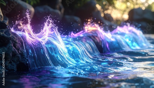 Enchanting, glowing water cascades over rocks, reflecting vibrant light in serene outdoor scene