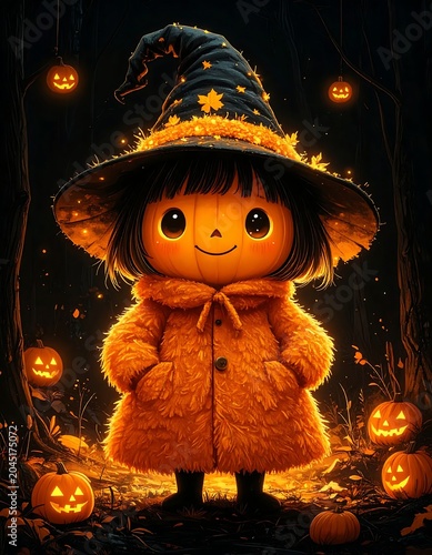 Cute Glowing Pumpkin Doll Standing in Dark Halloween Forest