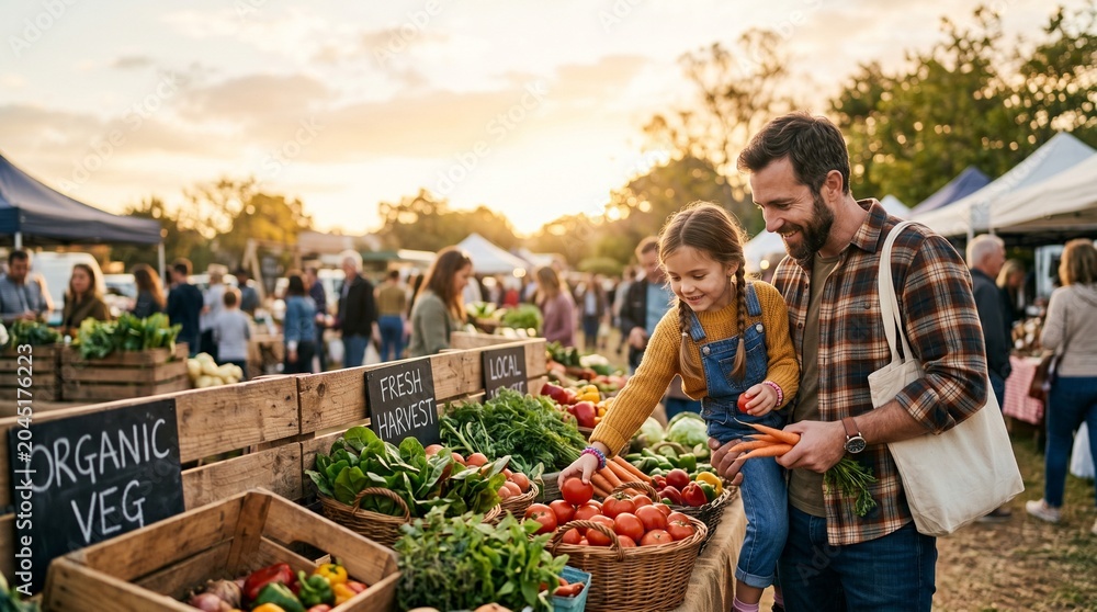 Fototapeta premium Father and daughter shopping for fresh organic vegetables at a sunny outdoor farmers market