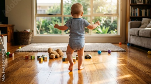 Baby taking first steps on sunlit wooden floor in a cozy living room, surrounded by toys on a bright summer day, celebrating developmental milestone.