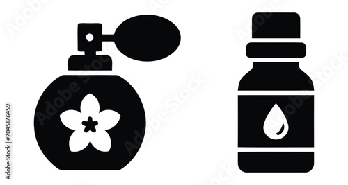 Bild auf Leinwand Perfume bottle and lotion container black silhouette icons on a white background