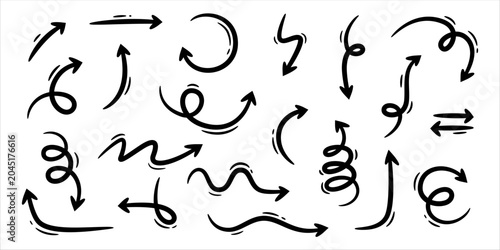 Set of simple hand drawn black arrows on white background. Doodle arrows