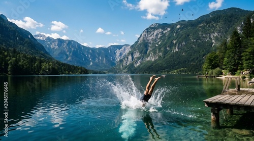 Man diving headfirst into a pristine alpine lake from a wooden dock, splashing into clear water surrounded by scenic mountains on a sunny summer day.