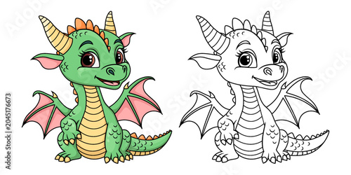 Cute cartoon green dragon with wings and horns. Black and white vector illustration for coloring book with example in color