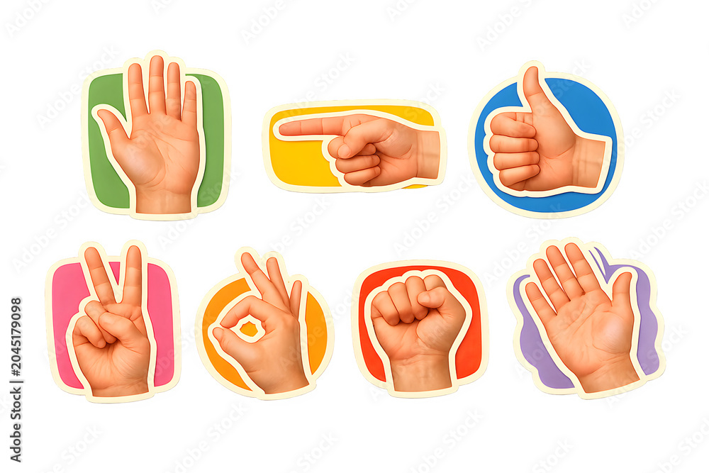 Fototapeta premium Set of six colorful hand gesture cutouts featuring peace sign, thumbs up, pointing finger, fist, okay sign, and open palm
