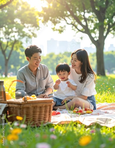 Happy Young Family Enjoying Picnic Together in Sunny Green Park