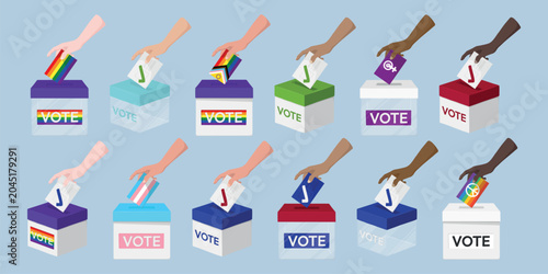 Diverse voting ballot boxes vector element set