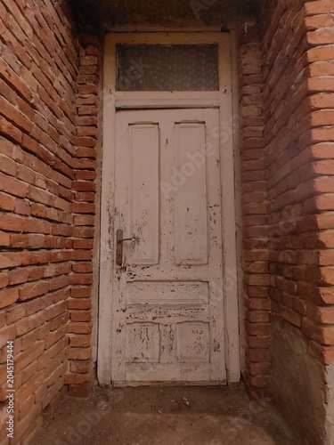 Vintage, rustic wooden door with peeling paint set within a weathered red brick wall. Old, abandoned, or historic architecture with texture, decay, and character. Cracked paint, aged wood, and worn br