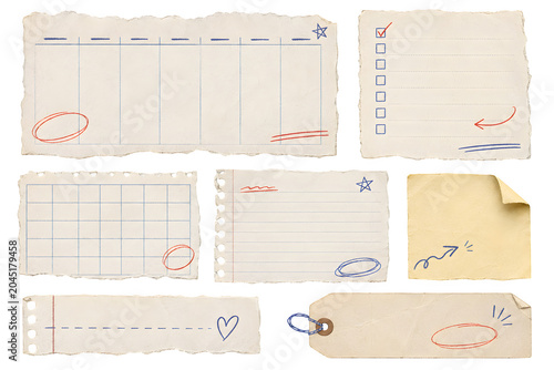 Collection of vintage paper cutouts with handwritten notes, checklists, and doodles on aged parchment background