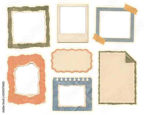 Assorted vintage-style paper cutouts featuring decorative frames, borders, and shapes for crafting and design projects