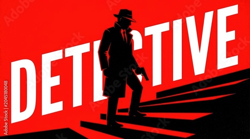 Silhouette of private detective wearing trench coat and hat holding gun on red background.