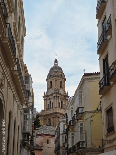 Cathedral of Malaga Tower Rising Above Old Town Streets in Andalusia Spain