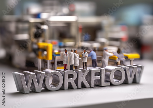 Miniature figurines workers in labcoats standing on 3d word WORKFLOW. Concept of working, research or development process. Generative AI