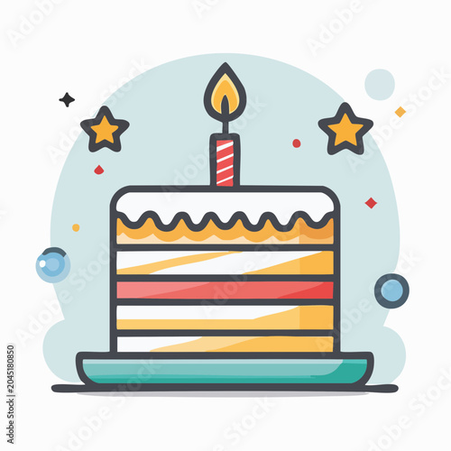 Birthday Cake with Candle and Stars Illustration