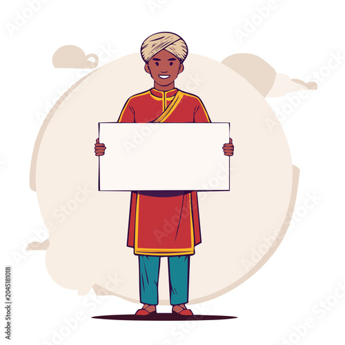 Man in traditional clothing holding a blank sign