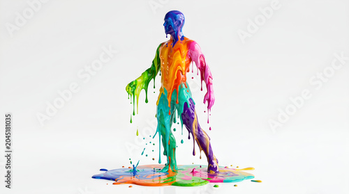 Multi colored liquid paint dripping from a human figure silhouette on white background