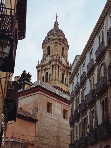 Cathedral of Malaga Tower Rising Above Old Town Streets in Andalusia Spain